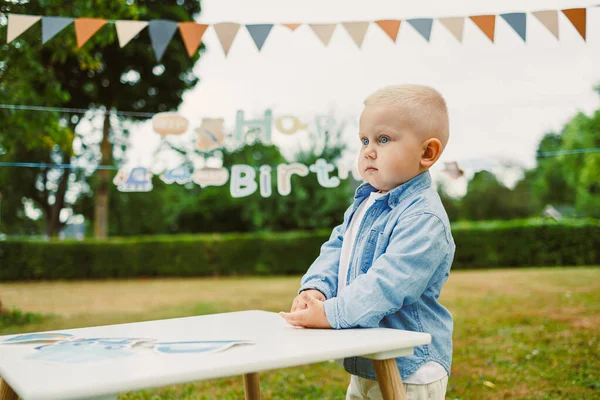 Neşeli genç bir çocuk dışarıda, güzel dekore edilmiş bir doğum günü masasının yanında duruyor, çarpıcı bir bahçede, canlı dekorasyonlar, neşeli afişler ve bir kutlama duygusu ile çevrili.