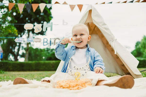 Neşeli bir çocuk, renkli dekorasyonlar ve neşeli atmosferi arttıran bir çadır ile çevrili açık hava partisinde süslü bir doğum günü pastasından hoşlanıyor.