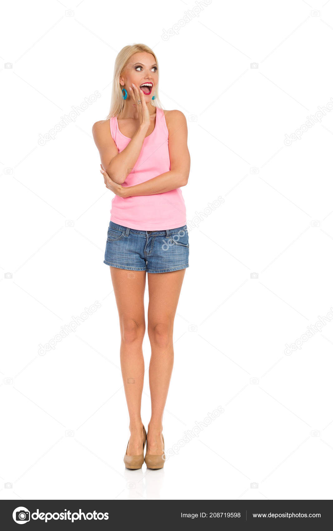 Download Surprised Beautiful Blond Woman Jeans Shorts Pink Tank Top ...
