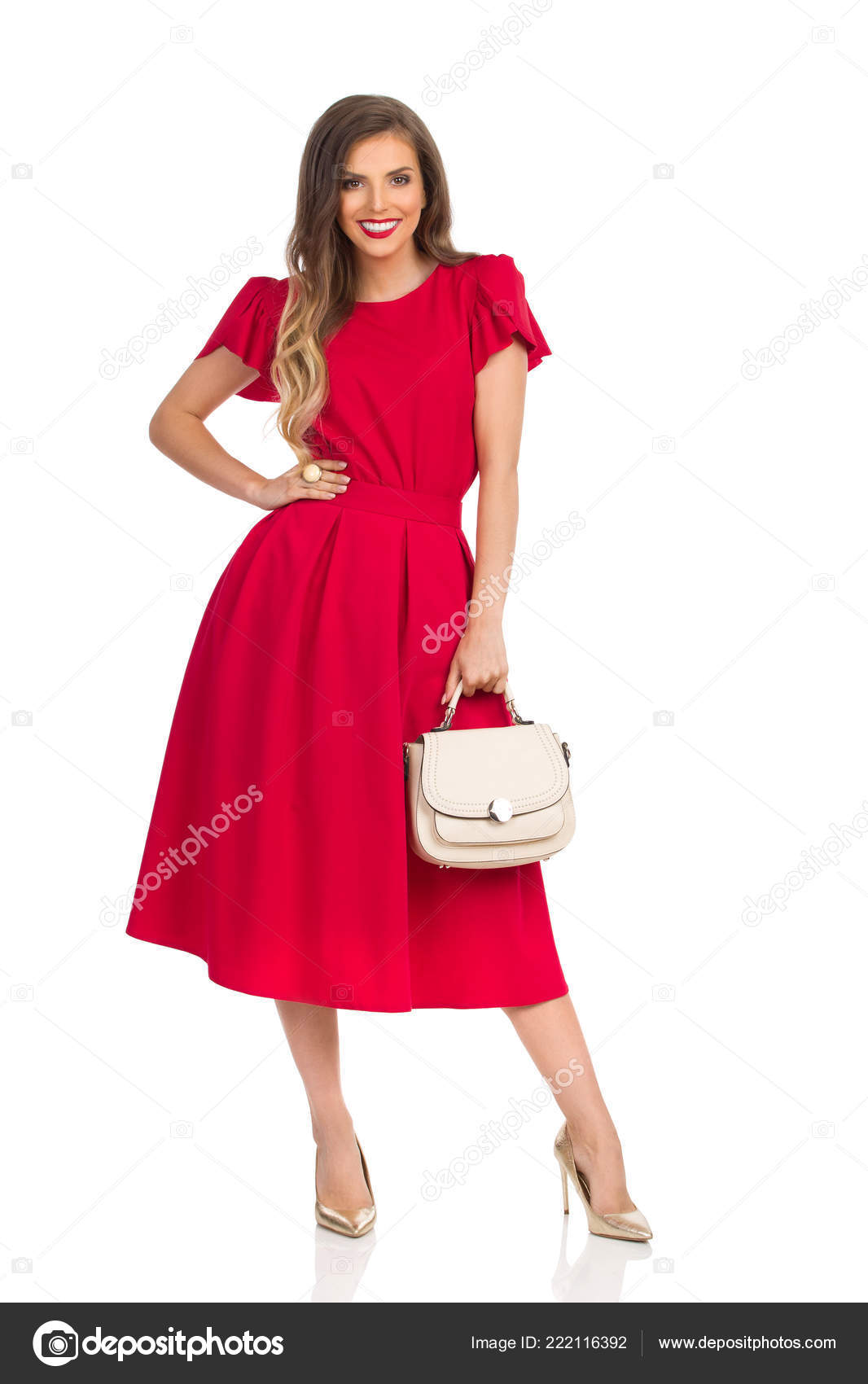 Red Dress Gold High Heels Holding Beige 