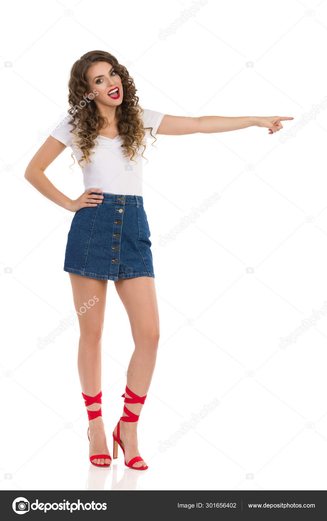 denim mini skirt high heels