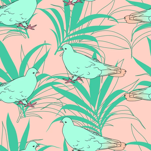 Vektor Nahtlose Muster Tropische Taube Vogel Grüne Blätter — Stockvektor