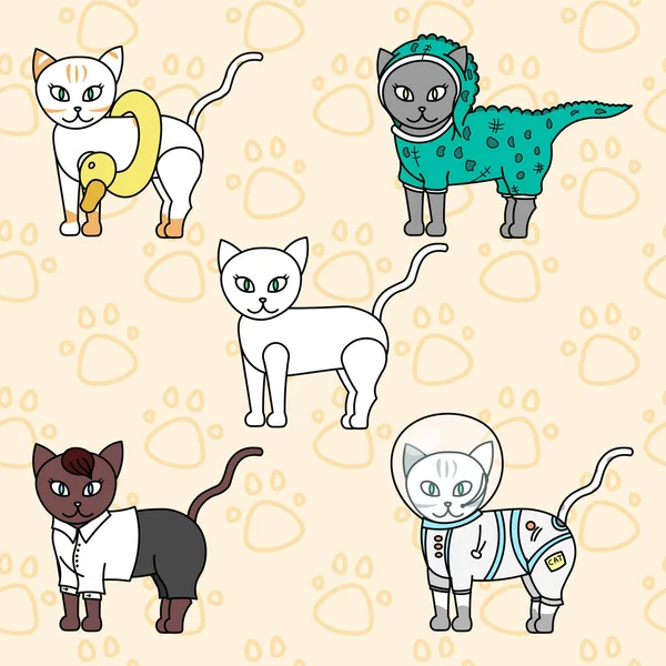 set of cute cats, baby vector illustration, seamless background, doodle cats