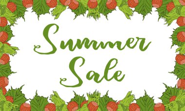 Fındık ile Satış afiş, yaz satış, fındık taze yeşil yaprakları vektör arka plan