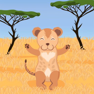 sevimli bebek sarılma aslan, karikatür çizilmiş gülümseme hayvan, safari afrika arka plan, düzenlenebilir vektör illüstrasyon