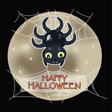 web üzerinde sevimli sevimli örümcek, gece gökyüzü arka plan üzerinde halloween tebrik kartı, editable vektör illüstrasyon