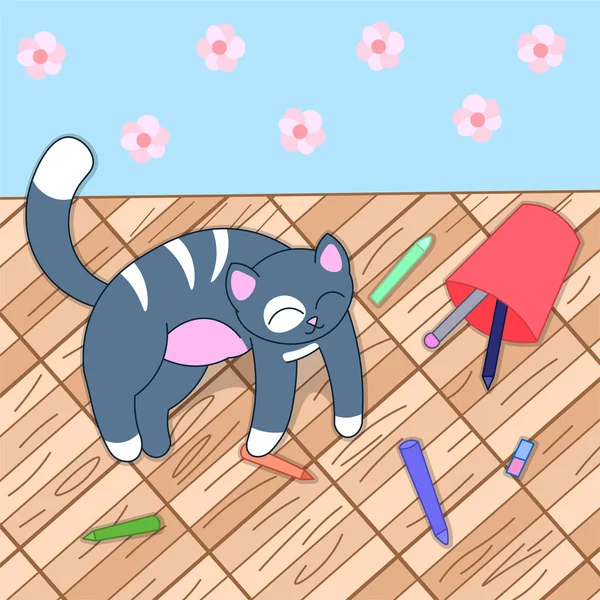 귀여운 사랑스러운 고양이 흩어져 연필과 카드로 동물과 배우고 일러스트 — 스톡 벡터