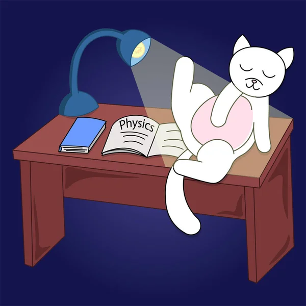 Cute Adorable Cartoon Cat Sit Table Homework Back School Card — Stock Vector