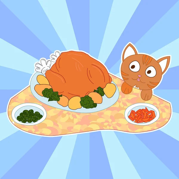 Bonito Desenho Animado Gato Quer Comer Peru Jantar Festivo Feliz — Vetor de Stock