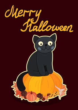 sevimli karikatür kedi sonbahar yaprakları, koniler ve kestane posteri, neşeli halloween tebrik kartı, editable vektör illüstrasyon ile kabak üzerinde oturup