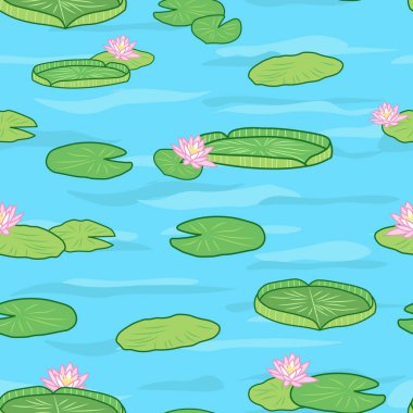 güzel nilüfer çiçeği ve lotus, vektör dikişsiz desen ile karikatür gölet. Çocuklar giyim, kumaş, tekstil, kreş dekorasyonu için mükemmel