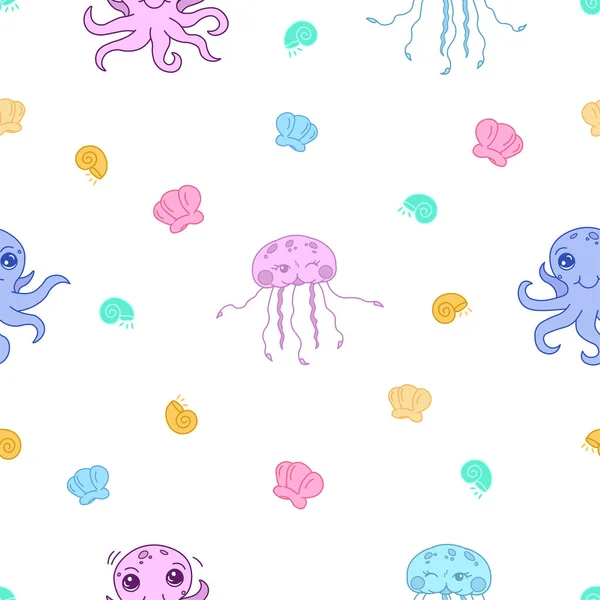 Милые Морские Существа Бесшовный Узор Рисунком Кавайи Медузы Осьминога Раковины — стоковый вектор