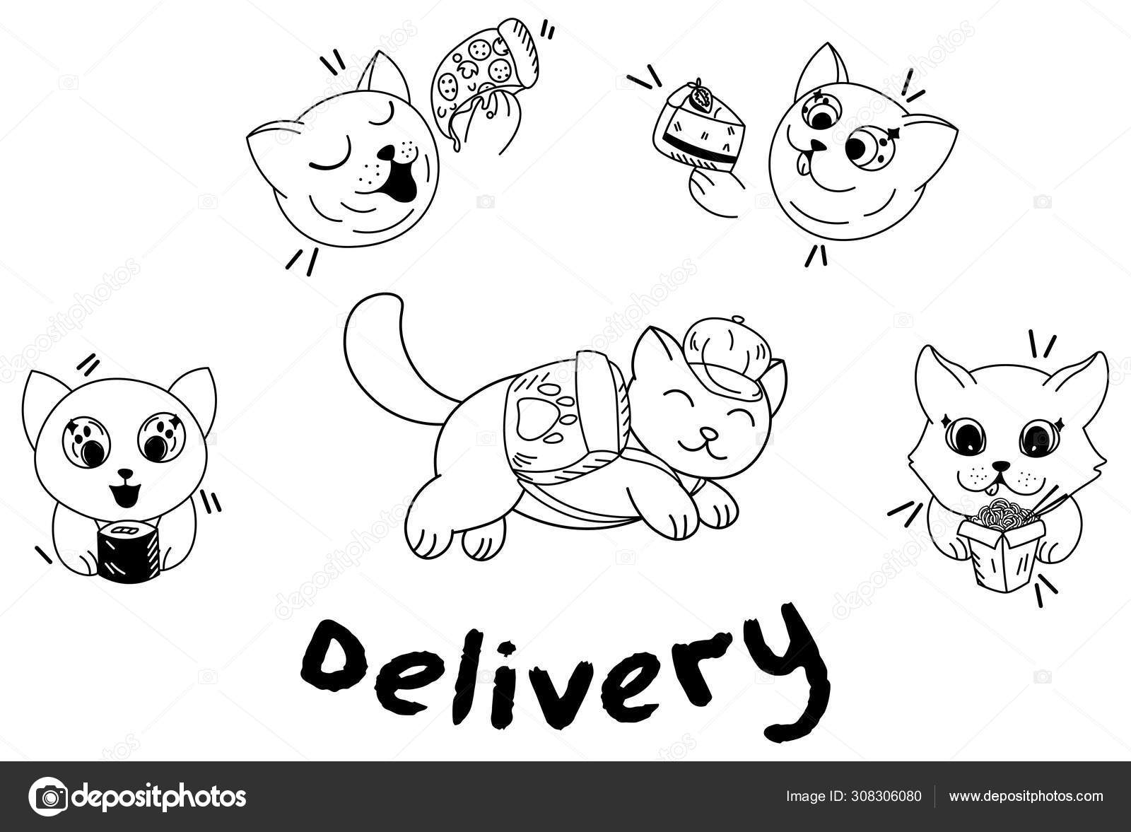Kawaii Cartoon Cat Backpack Delivery Fast Food Sushi Pizza Cake Stock Vector Image By C Yanicorn