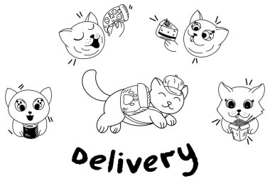 sırt çantası teslim fast food, suşi, pizza, kek, wok, gıda teslim, sevimli evcil hayvan yemek, editable vektör illüstrasyon ile kawaii karikatür kedi