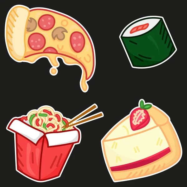 Zestaw Elementów Fast Food Pizza Kreskówki Wok Sushi Ciasto Serowe — Wektor stockowy