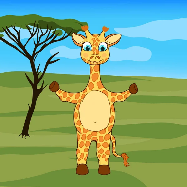 Wildlife Africa Cute Baby Hugging Giraffe Savannah Cartoon Editable Vector — Stock Vector