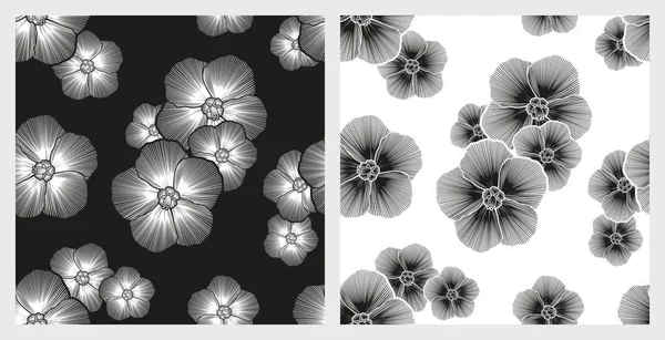 Tropiska Svarta Och Vita Blommor Imitation Broderi Uppsättning Två Sömlösa — Stock vektor