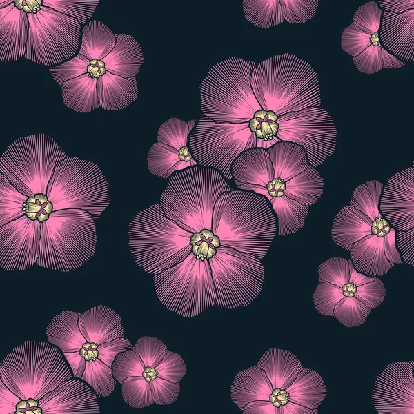 Tropické Růžové Květiny Tmavém Modrém Pozadí Imitace Výšivky Bezešvé Vzory — Stockový vektor