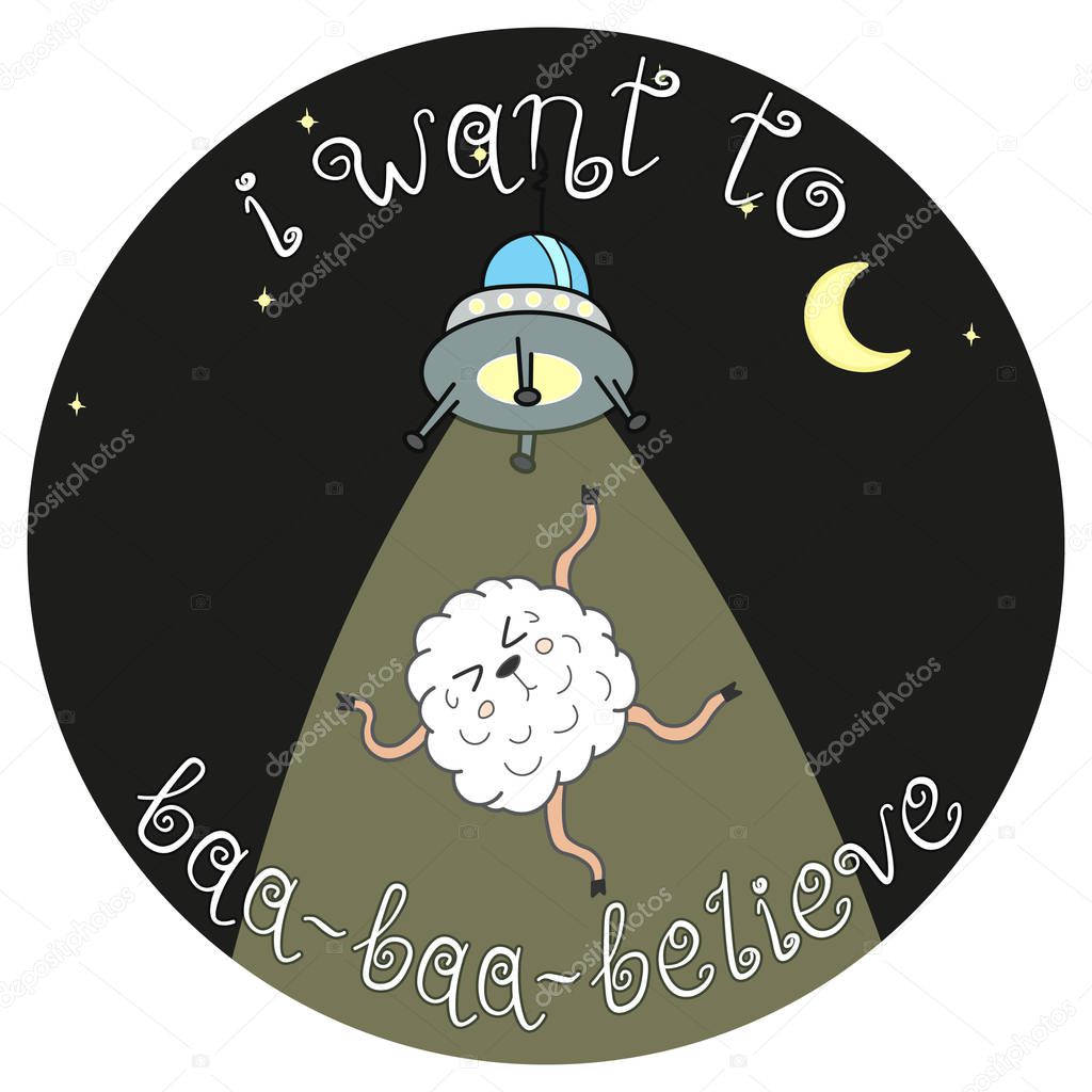 Funny Doodle Sheep And Ufo Cartoon Drawing Animal Night Stars And Moon Background I Want To Believe Print For Kids Apparel Books Editable Vector Illustration Premium Vector In Adobe Illustrator Ai