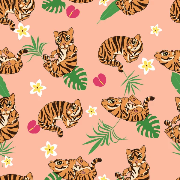 Niedlichen Tigerkätzchen Nahtlose Muster Zeichentrick Gezeichnete Lustige Tiere Wilde Katzenkätzchen — Stockvektor