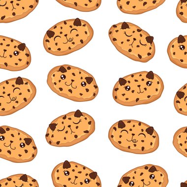 kawaii tatlı kurabiye kedisi çikolata parçalı, dikişsiz desenli, sevimli çizgi film karakterleri, kumaş, tekstil, dekorasyon için düzenlenebilir vektör çizimi