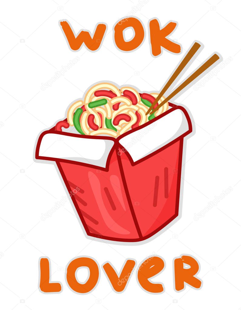 cute cartoon tasty wok box, isolated element for food lovers, textile prints, editable vector illustration