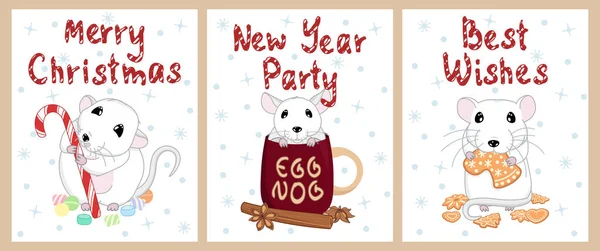 Niedlichen Kleinen Ratten Neujahrs Und Weihnachtsgrußkarten Set Mit Lebkuchen Mit — Stockvektor