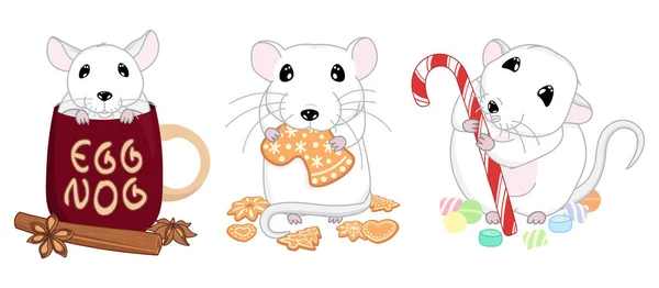 귀엽고 성탄절 캐릭터들 생강빵 사탕을 징에그노그에그노그 계피를 중국의 황도대 — 스톡 벡터