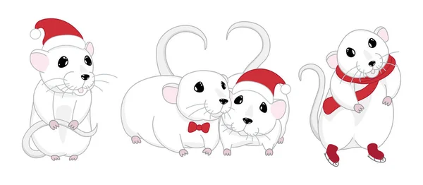 Cute Little Rats Set Isolated New Year Christmas Cartoon Funny — Stock Vector