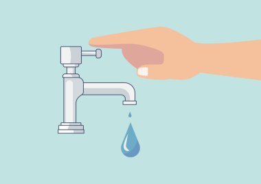 Mavi arkaplan üzerinde su musluğu ve damla simgesi ile el renkli tasarım vektörü çizimi