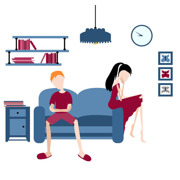 quarreling man and woman in home interior. cartoon vector style