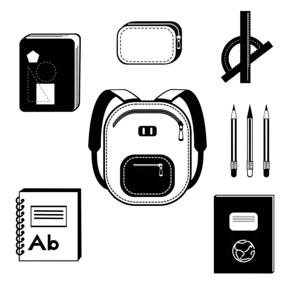 A set about going to school - a backpack, books and notebooks in black and white. vector — Stock Vector