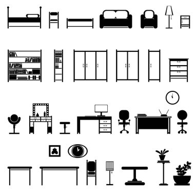 Mobilya seti B iç öğeler 2D siyah beyaz.