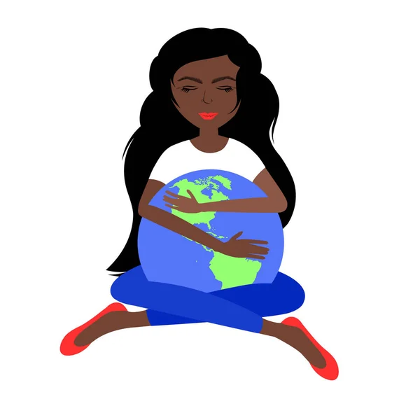 Amerikan bayrağı renginde güzel bir Afro-Amerikan kızı dünyayı elinde tutuyor. vektör.