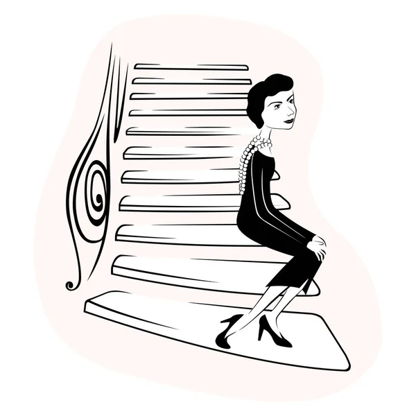 Coco Chanel on the stairs of a fashion house at 31 rue cambon. hand drawn style black and white. vector Stock Illustration