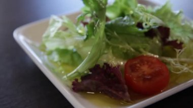 kare beyaz plaka üzerinde yeşil marul, domates ve zeytinyağı. kamera bunun etrafında sağa doğru hareket eder. Close. Makro.