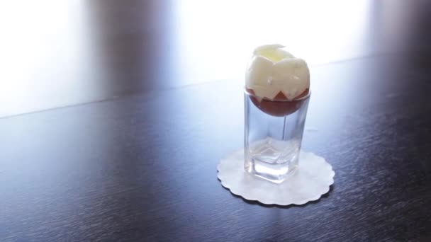 Soft-boiled egg.soft egg.lightly boiled egg.the camera moves around this to the right.copy space — Stock Video