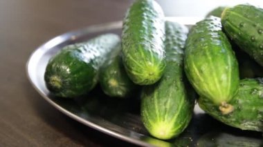 taze salatalık ile büyük tabak. salatalık kesilmez.yakın çekim.kamera bunun etrafında nilerler.