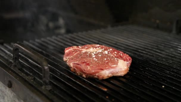 A szakács fordul a tengeri só és a paprika grillezett marha steak. közelből — Stock videók