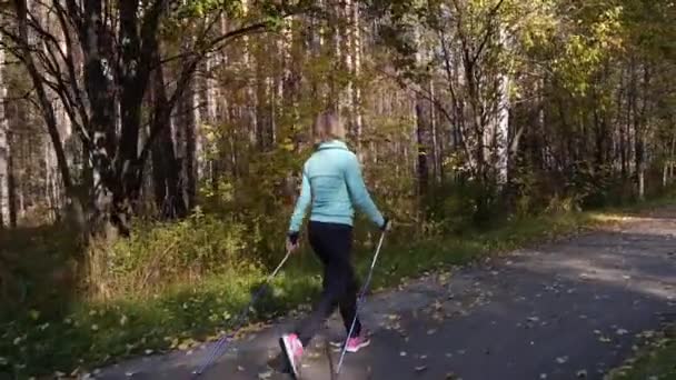 Kvinna som tränar stavgång i en höst Park. Ram i rörelse från en närliggande bil. — Stockvideo