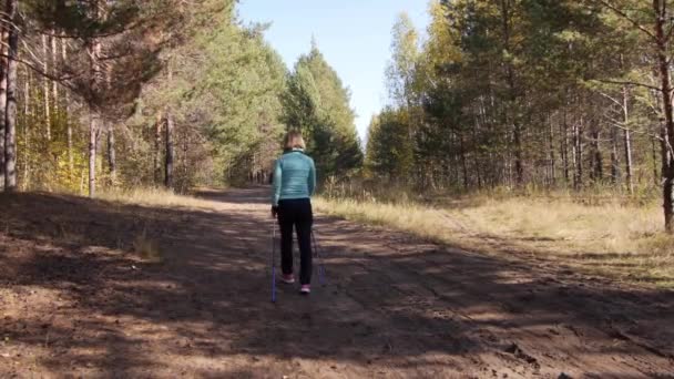 Mujer practicando Nordic Walking en un bosque otoñal, ella se aleja de la cámara en el camino arenoso . — Vídeo de stock