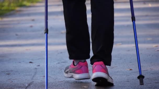 Těsné nohy dívky, která praktiká severskou chůzi. jsou to naši směrem. pomalý pohyb — Stock video