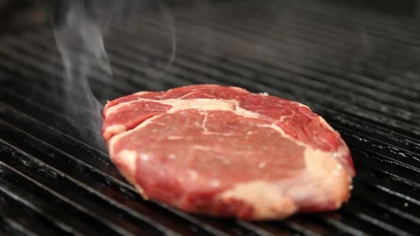 Steak.steak.slice de bœuf rôti sur le gril et saupoudré de gros sel et poivre. Gros plan — Video