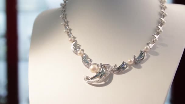 Jewellery.Silver necklace with pearls in the jewelry store — Stock Video