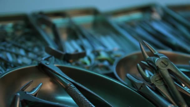 Close-up of instruments of a dental surgeon in a sterilization cabinet.glide cam footage — Stock Video