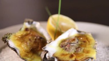 Hollandaise soslu pişirilen istiridyeler kaba tuzlu bir tabakta servis edilir. Hollanda sosu. Süper yakın çekim