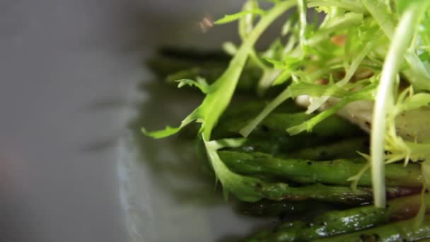 Pečený chřest a grilovaný steak z okouna, podávaný s citronem a bylinkami na bílém talíři. Makro — Stock video