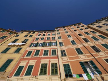 Camogli binalarının renkli cepheleri ( Liguria )