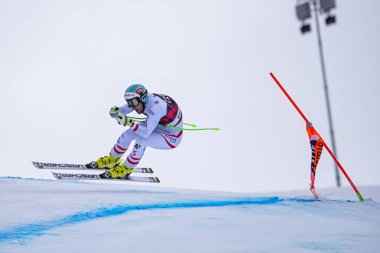 Bormio (Italya) 12/28/2017: Freeride Kayak Dünya Şampiyonası resimleri. Kazanan Italyan Dominic Paris, ikinci yer olarak Norveç 'ten aksel Lund Svindal Jansrud Kjetil üçüncü oldu   