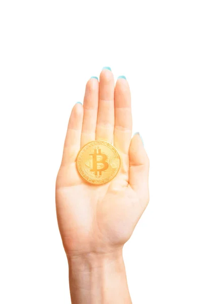 Ein Glühender Gold Bitcoin Auf Weiblicher Hand Auf Weißem Hintergrund — Stockfoto